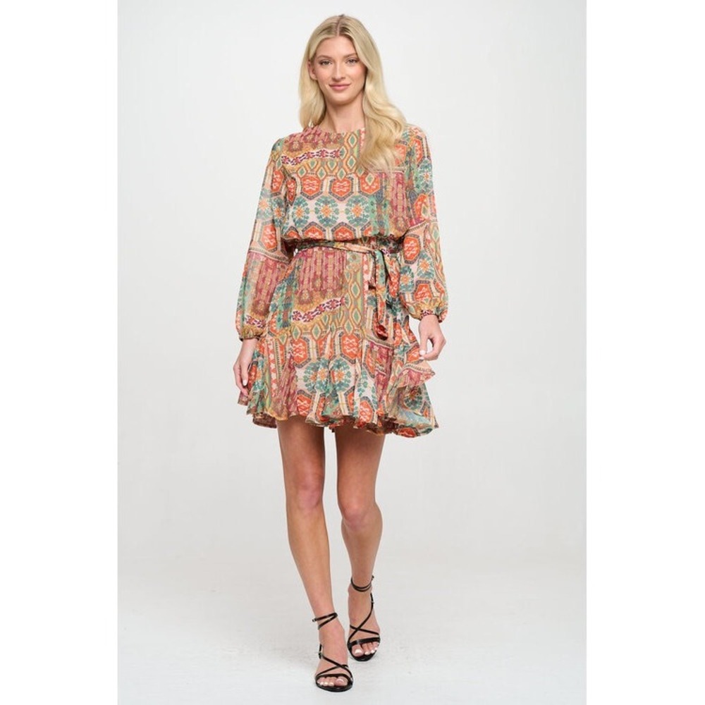 Meet Me In Santorini‎ Womens Boho Patchwork Mini Dress Orange Green Medium NEW